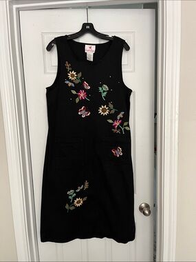 Quacker Factory Black Sleeveless Dress with Colorful Floral Embroidery